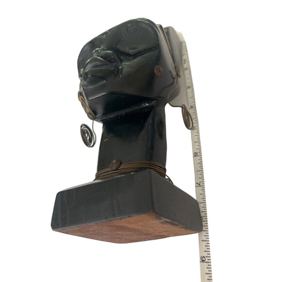 Vintage Haitian Wood Sculpture With Brass Adornments & Earrings Handcrafted - Picture 13 of 13